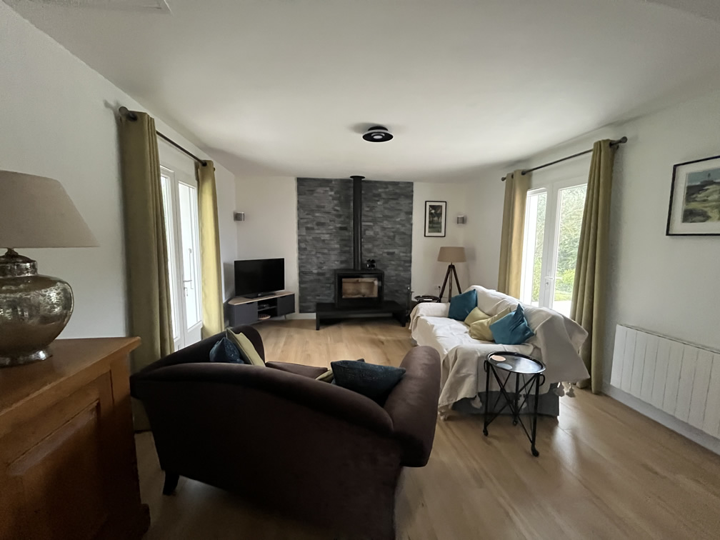 Salon avec carrelage aspect bois